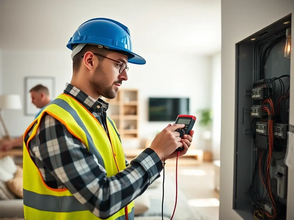 An electrician is performing electrical measurements on a distribution board in a modern home, ensuring safety and compliance with standards.