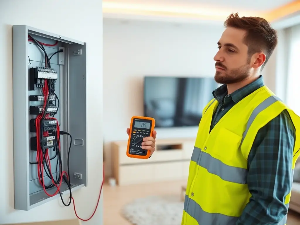 A photo of an electrician performing electrical measurements on a distribution board in a modern home, showcasing precision and expertise.