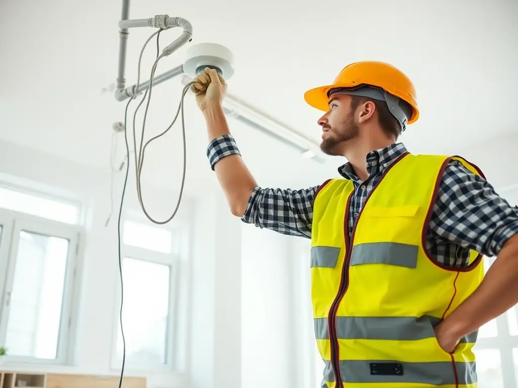An electrician is installing a modern electrical installation in a residential building, ensuring compliance with current standards.