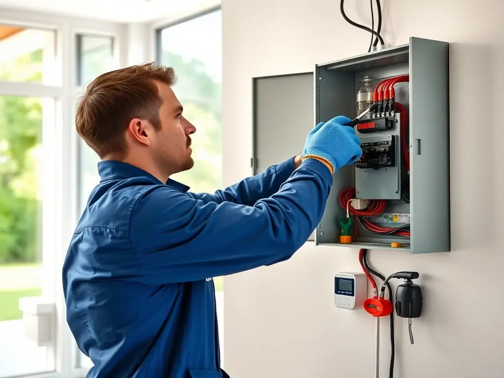 An electrician is repairing a damaged electrical installation in an electrical distribution board, ensuring quick and effective solutions.
