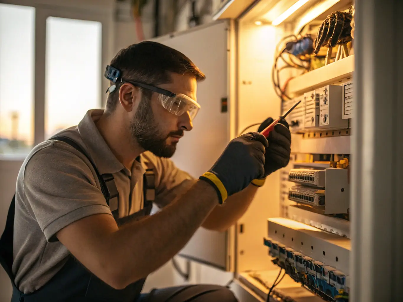 An electrician repairing a damaged installation in an electrical switchboard, highlighting the urgency and skill involved in emergency repairs.