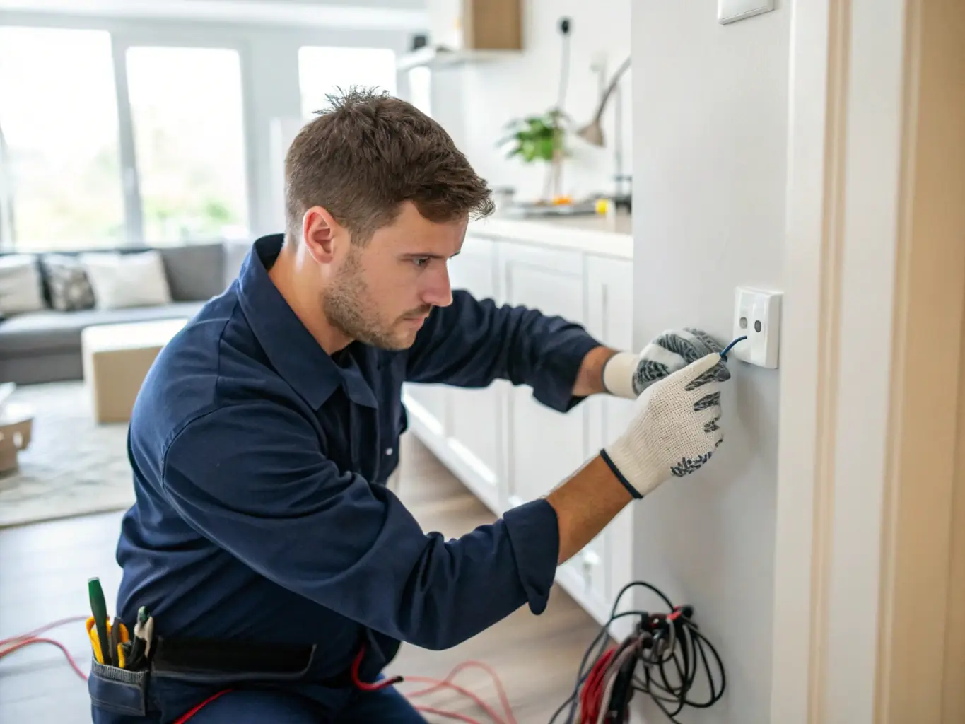 An electrician installing a modern electrical installation in a residential building, emphasizing the quality and safety of the work.